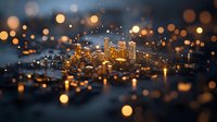 Modern cityscape with illuminated skyscrapers reflected in water at dusk, viewed through rain drops creating magical bokeh effect in foreground.