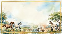 Watercolor illustration of horses grazing in pastoral countryside landscape with mountains, trees, and meadow flowers, suitable for farm decor and nature artwork.
