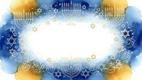 Hanukkah celebration background with golden menorahs and Stars of David on blue watercolor texture. Festival of Lights holiday greeting card template.