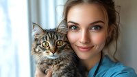 Young female veterinarian in blue medical uniform holding fluffy Maine Coon cat with amber eyes, caring expression and gentle smile against blurred background.