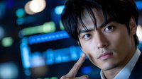 Young Asian businessman in dark suit touching chin thoughtfully against blurred night city lights and digital displays, professional portrait with bokeh background.