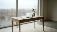 Wooden desk with single plant in minimalist interior space near large window overlooking bare trees and water, suitable for office and workspace design projects.