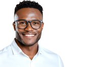 Young African American professional man wearing glasses and white shirt smiling confidently against white background, expressing joy and success.