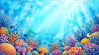 Vibrant underwater coral reef scene with colorful marine life, tropical fish, and sunlight rays filtering through crystal clear ocean water.