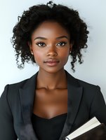 Young African American businesswoman with natural curly hair wearing black blazer, holding book against light background. Professional portrait showcasing confidence.