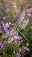 Green dragonfly with transparent wings perched on purple wildflower in natural meadow setting with soft bokeh background for nature photography.