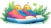 Colorful rainbow sneakers with kawaii smiling faces surrounded by green leaves and nature elements on white background, ready for apparel and merchandise design.
