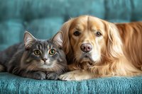 Gray long-haired cat and golden retriever dog lying together on turquoise sofa, showing friendship between pets, looking directly at camera with expressive eyes.