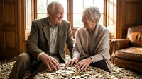 Senior Caucasian couple enjoying puzzle time together in cozy living room with warm natural lighting. Retirement lifestyle and bonding activities.