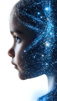 Side profile of young woman's face blending into cosmic starry space background with glowing blue nebula and bright stars, representing dreams and imagination.