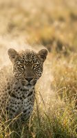 Leopard portrait in golden savanna grassland with intense yellow eyes and spotted coat pattern during warm sunset light for wildlife photography.