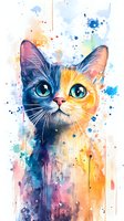 Colorful watercolor cat portrait with bright blue eyes and split-face design featuring navy blue and orange tones, artistic paint splatters and drips create dynamic effect.