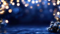 Festive blue background with golden bokeh lights and Christmas ornaments creating magical holiday atmosphere for seasonal celebrations and winter decorations.