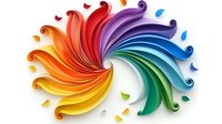 Colorful swirling rainbow spiral design with curled paper strips creating dynamic motion effect against white background, suitable for creative projects and decorative art.