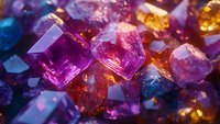 Vibrant crystal formations in purple, blue and amber colors with dramatic lighting create mesmerizing macro texture of natural mineral structures. Perfect for luxury designs.