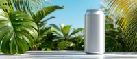 Blank aluminum can mockup against tropical palm leaves background, perfect for beverage branding and summer product presentation.