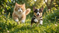 Adorable orange kitten and tricolor corgi puppy running together through sunny green grass in backyard garden setting for pet friendship concepts.