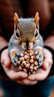 Cute squirrel holding nuts in human hands, close-up wildlife portrait with blurred background. Perfect for nature, animal care, and wildlife education content.