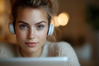 Young woman with fair skin and blue eyes wearing white wireless headphones while working on laptop in warm indoor setting with bokeh lighting.