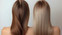 Comparison of brown and blonde straight hair on two women showing smooth, healthy texture and professional coloring technique from back view.