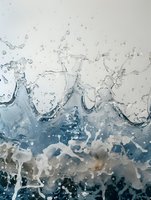 Dynamic water splash with white foam and droplets against deep blue background, creating dramatic motion and texture for fresh beverage advertising.