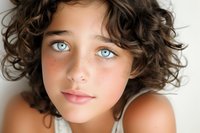 Young female with striking blue eyes and natural curly dark hair gazes softly at camera. Clean beauty portrait with minimal makeup showcases fresh, glowing skin and innocent expression.