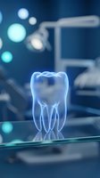 Glowing holographic tooth model in modern dental clinic with blue lighting and blurred medical equipment background for healthcare presentations.