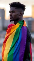 Young African American man with fade haircut wearing rainbow pride flag draped over shoulders against urban sunset backdrop.