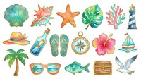 Tropical beach vacation elements collection featuring watercolor seashell, starfish, palm tree, compass, hibiscus flower, sailboat, sunglasses, flip flops, message bottle, lighthouse, treasure chest and seagull isolated on white background for design projects.