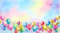 Colorful watercolor balloons in heart and round shapes float across a soft pastel gradient background, perfect for celebrations, greetings, and festive designs.