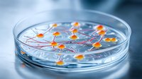 Neurons with glowing orange synapses in petri dish showing neural network connections and brain cell activity in laboratory research environment.
