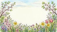 Watercolor spring floral frame with blooming flowers, green leaves, and soft pastel sky, forming a border with copy space in center.