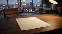 Modern office workspace with blank white paper on wooden desk, city skyline visible through windows at dusk, suitable for business and corporate design projects.