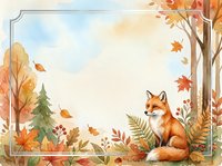 Watercolor autumn fox sitting among fall foliage, trees, and berries with a decorative frame and copy space for text.