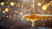 Golden honey dripping from honeycomb with bokeh lights background, close-up macro photography showing viscous amber liquid forming drops against dark backdrop.