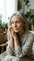 Mature woman with long gray hair wearing linen shirt, resting chin on hand in contemplative pose surrounded by potted plants indoors.