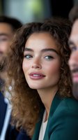 Young mixed-race businesswoman with curly hair in green blazer at corporate meeting with diverse team of professionals in modern office environment.