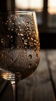 Close-up of wine glass with water droplets and condensation in warm golden light creating elegant atmospheric dining and beverage photography.