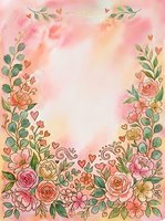 Watercolor floral frame with roses, peonies, and botanical elements featuring pink, coral, and yellow tones with hearts. Isolated on white background, ready for invitations, greeting cards, and design projects.