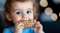 Young caucasian girl with blue eyes eating chocolate covered granola bar, blurred bokeh lights in background, close up portrait showing joy and innocence.