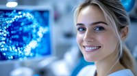 Young female medical professional smiling in laboratory with digital DNA visualization on blue screen background, representing biotechnology and genetic research.