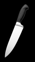 Chef's knife with black handle isolated on transparent background, ready for culinary design, cooking graphics, kitchen clipart, t-shirt designs, and print-on-demand products.