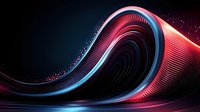 Abstract curved wave formation in neon pink and blue colors against dark background with glowing particles and dynamic light effects creates futuristic design.