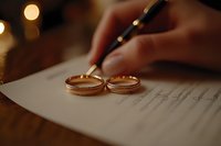 Signing divorce papers with golden wedding rings on document, dramatic lighting creates emotional mood in dark setting with bokeh background.