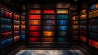 Atmospheric library interior with illuminated vintage bookshelves displaying colorful leather-bound books in red, blue, and amber tones creating dramatic lighting effect on dark wood shelving.