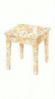 Decorative side table with floral rose pattern in soft yellow and pink tones, isolated on white background. Suitable for interior design, furniture illustration, home decor projects.