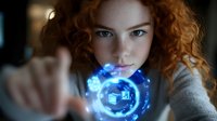 Young redhead woman with curly hair pointing forward while blue holographic digital interface with lock icon glows between her hands in futuristic technology concept.