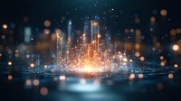 Glowing futuristic cityscape with illuminated skyscrapers rising from water reflection at night, orange and blue bokeh lights creating magical urban atmosphere.