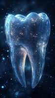 Glowing translucent molar tooth with cosmic galaxy elements and stars inside on dark blue background. Dental care concept for medical and healthcare designs.
