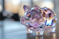 Crystal glass piggy bank with iridescent reflections and holographic effects on blurred background, symbolizing financial savings and investment.